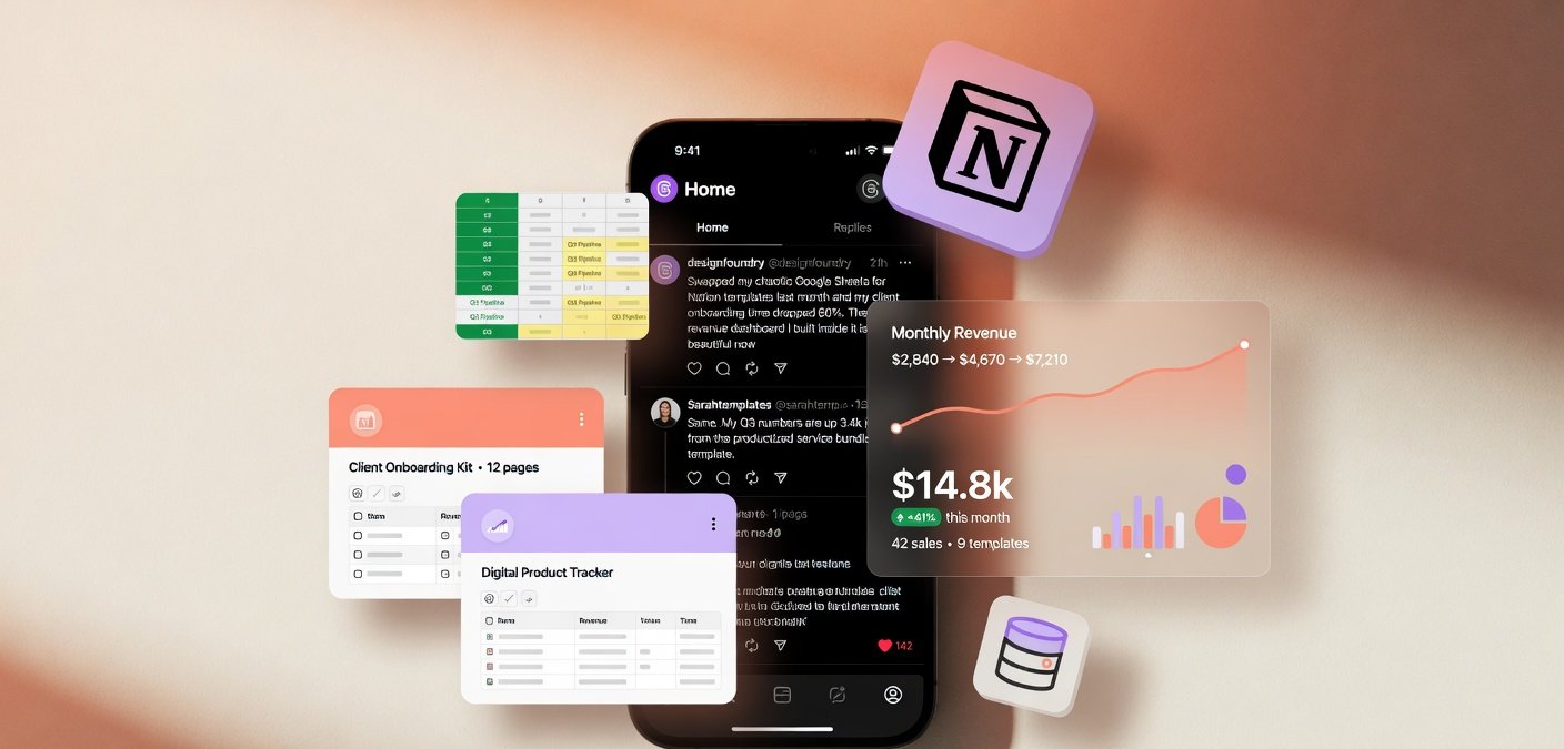 Smartphone showing Threads app with floating digital product icons and sales dashboard