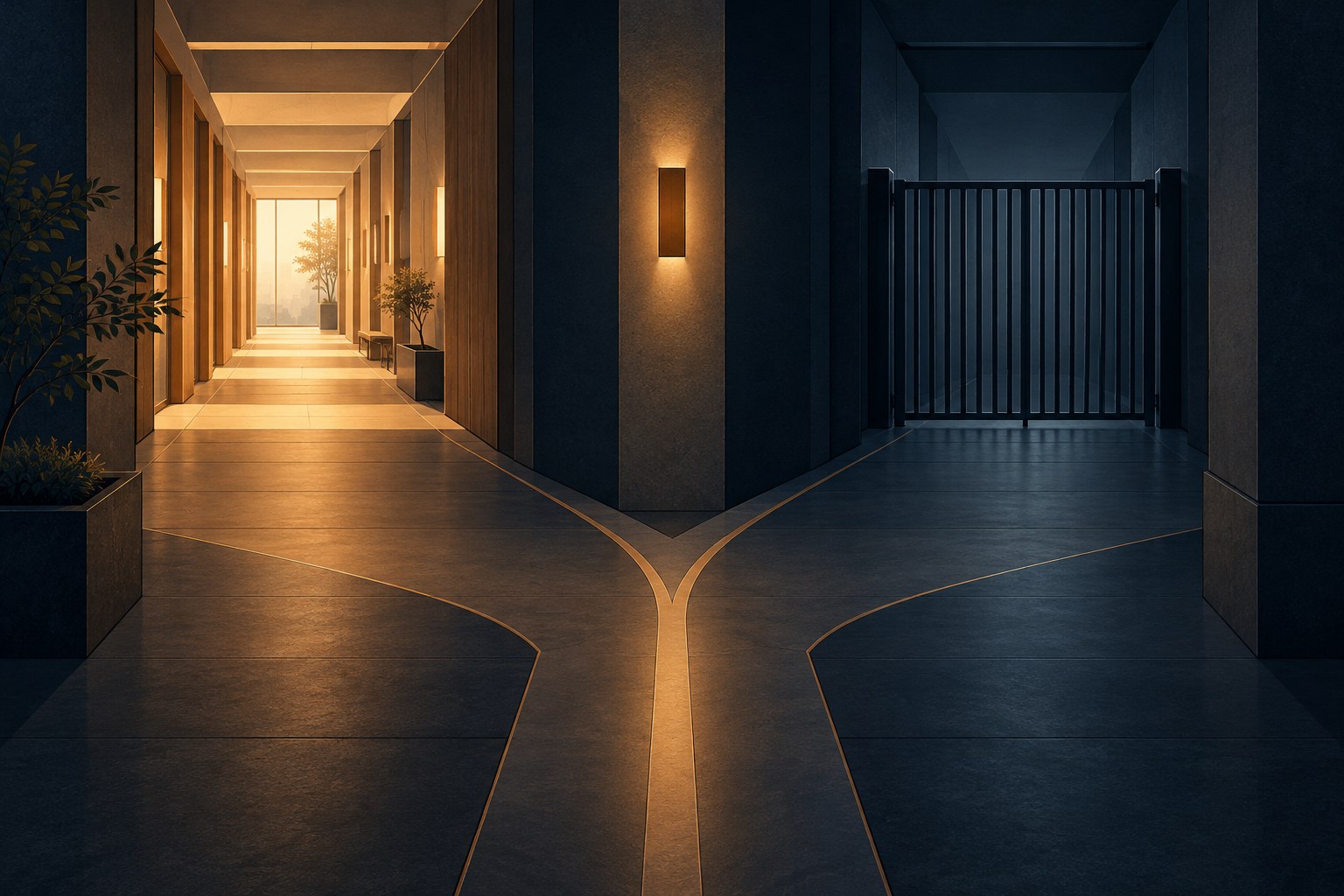 A fork in a quiet hallway, one path lit and orderly, the other blocked by a plain gate