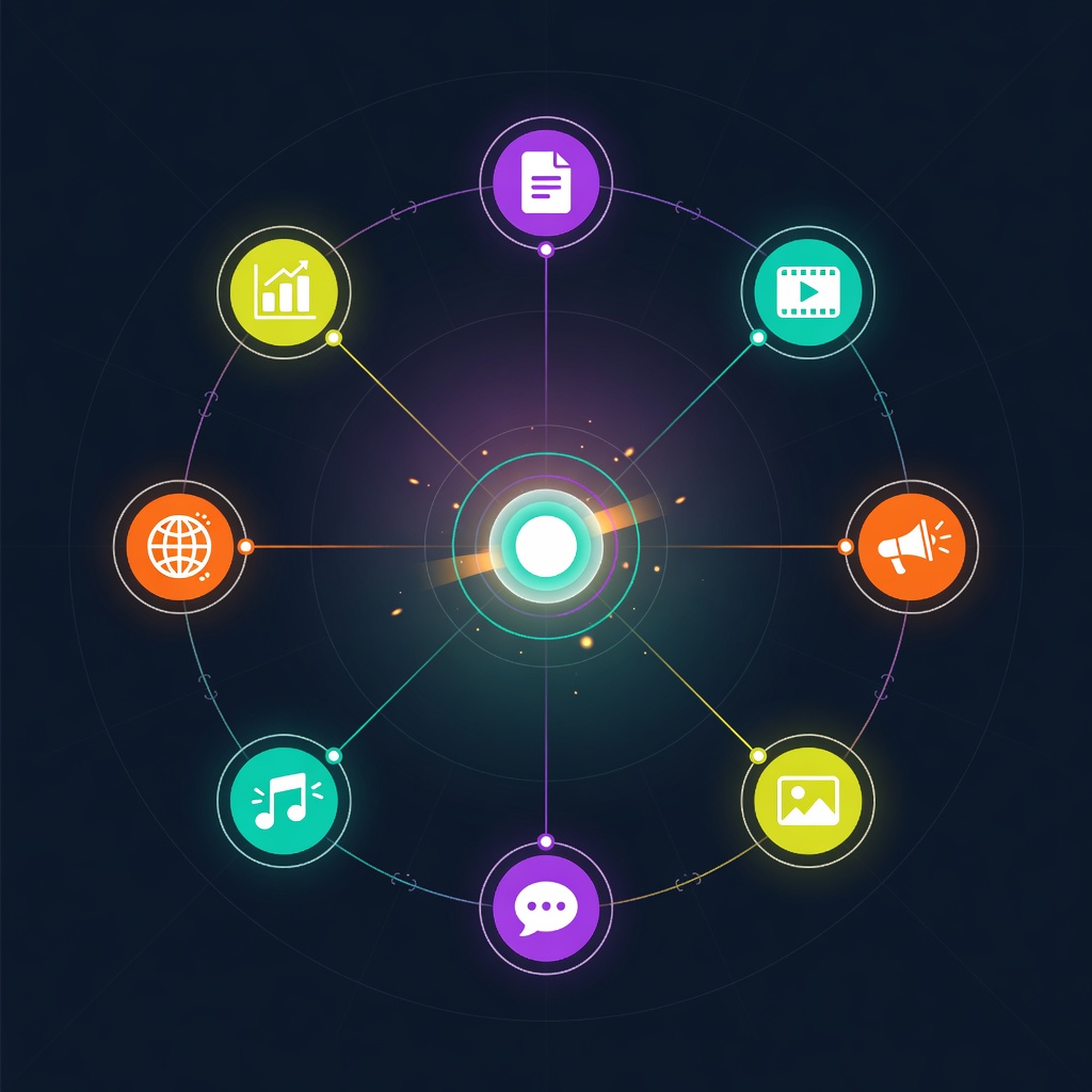 Seven content repurposing frameworks displayed as a grid of icons and labels