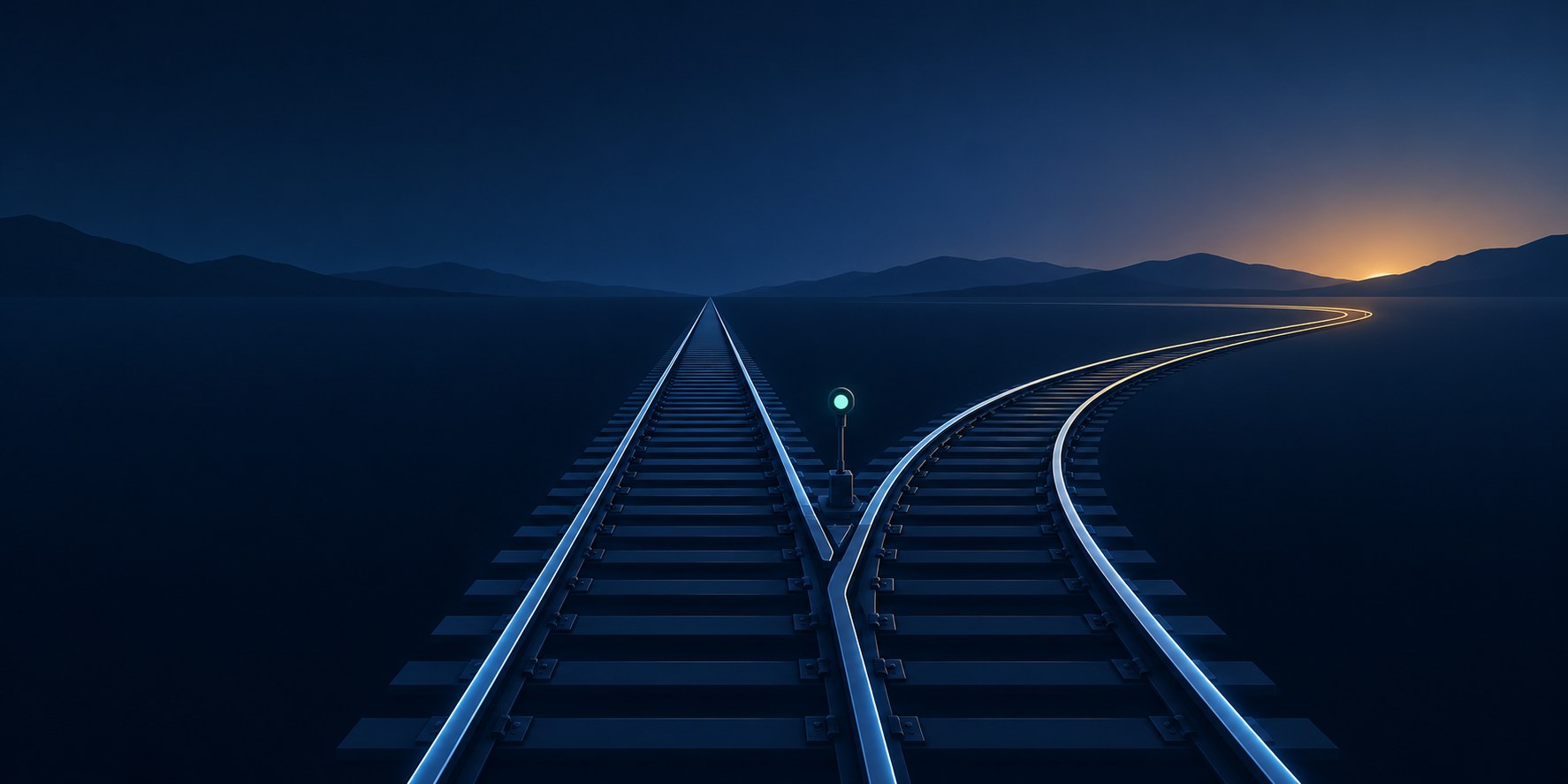 Two diverging paths drawn as clean railway switches, one path continuing straight and one curving toward new stations