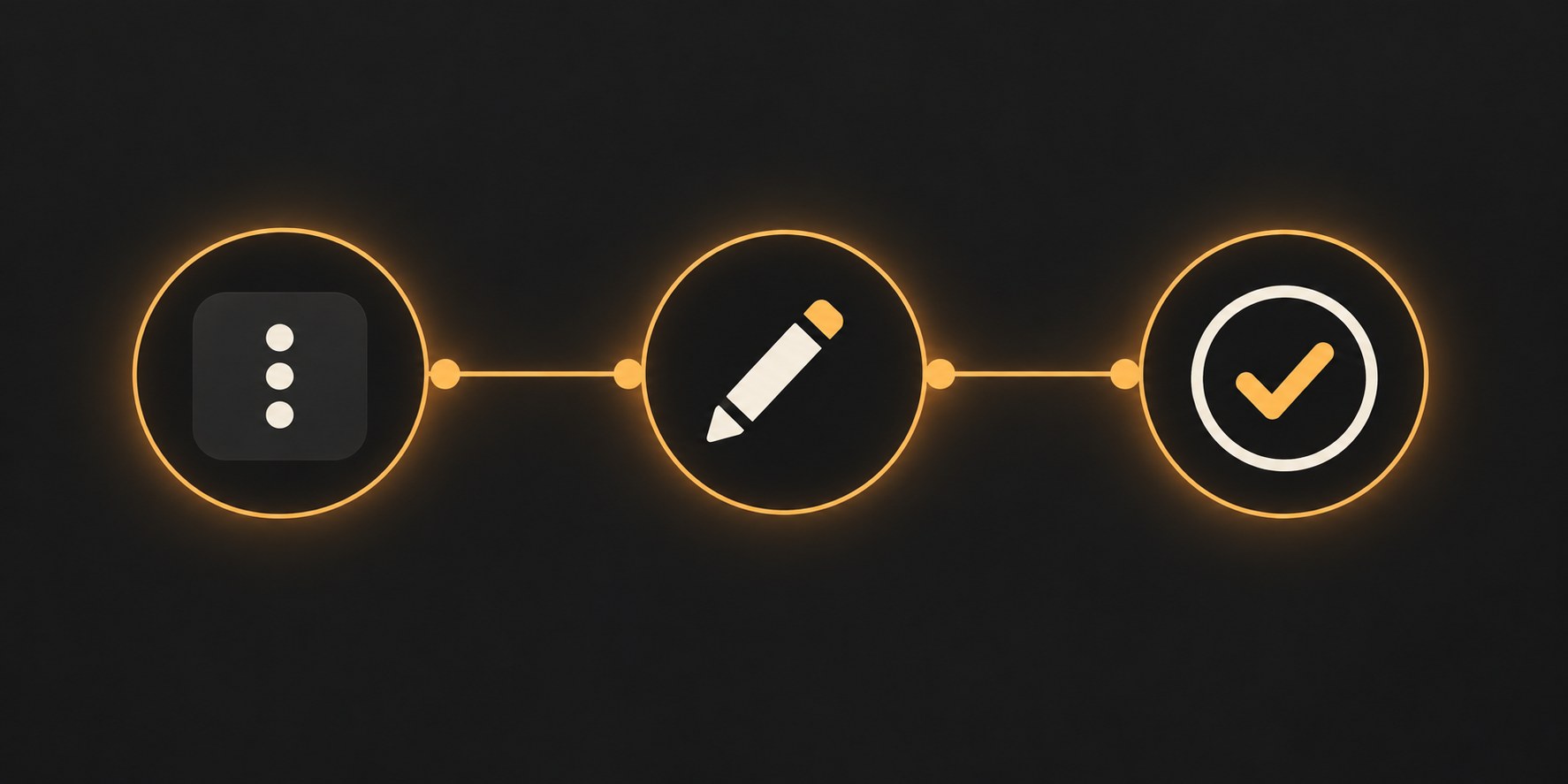 A three-step visual path on a dark background: opening a post menu, choosing an edit action, and publishing corrected text with a check mark
