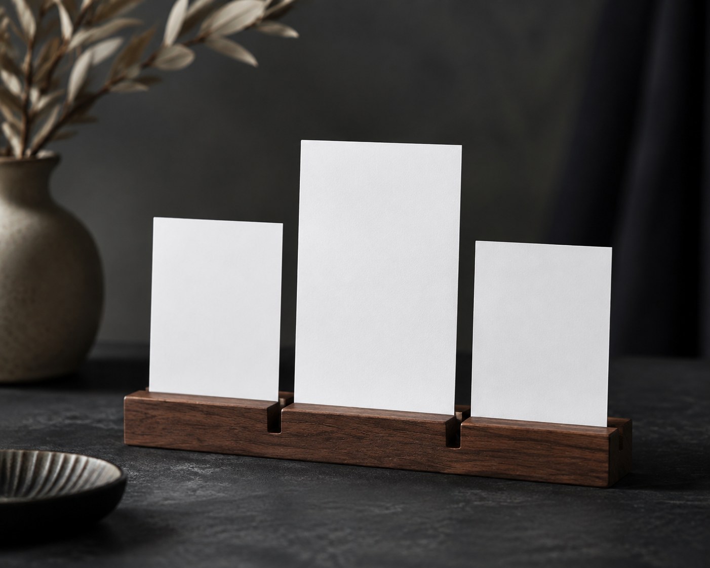 A hand arranging three sample offer cards of different heights on a desk calendar, representing three sponsor packages side by side