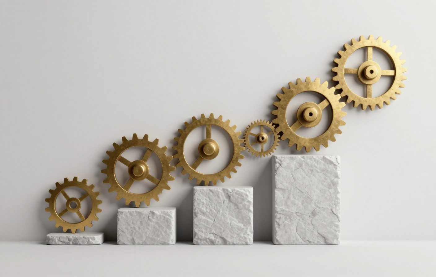 Interconnected brass gears representing a repeatable content production system.