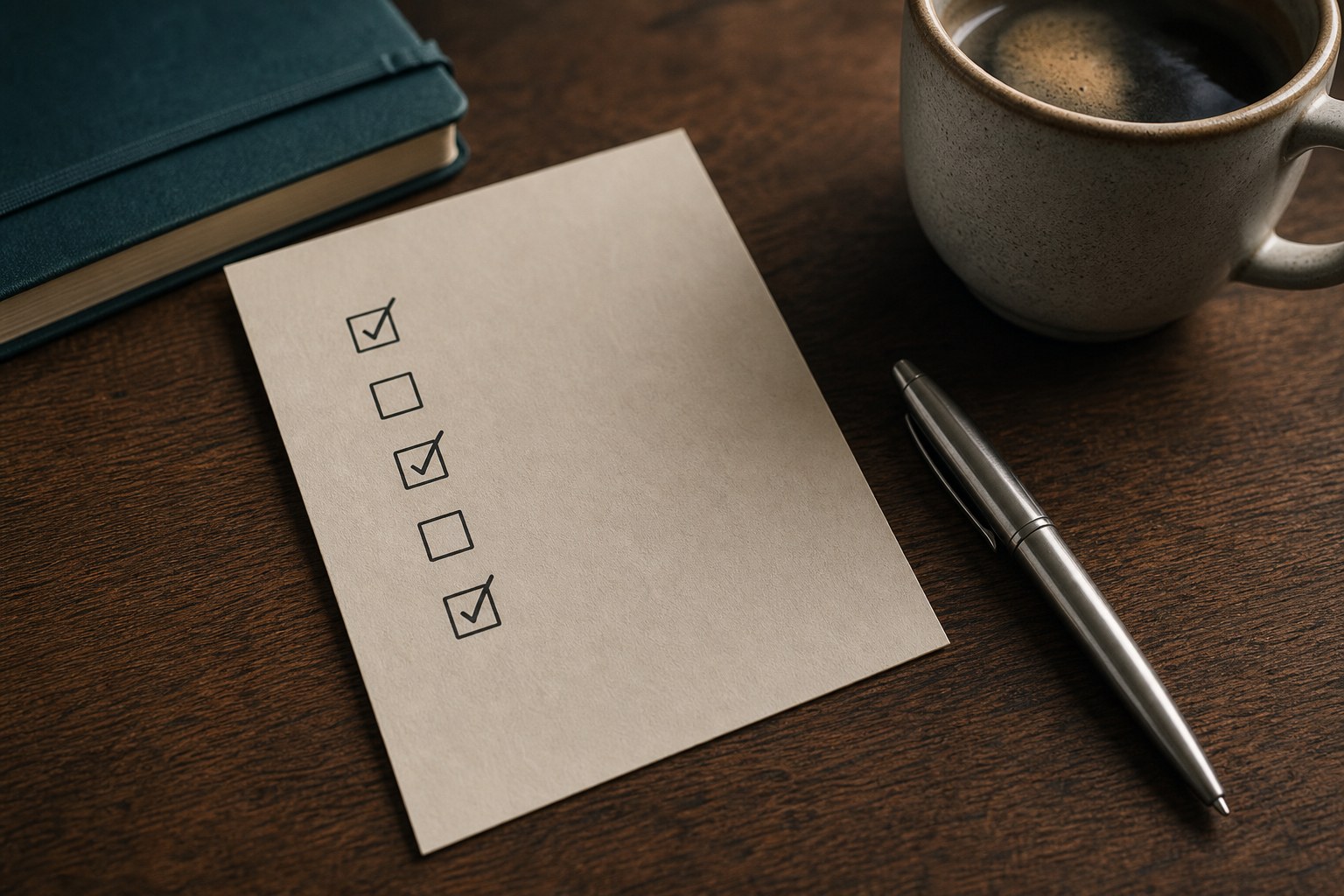 A tactile pre-flight checklist card on a wooden desk with six checked items next to a cup of coffee, representing the six-point pre-flight check before publishing cross-posted content.