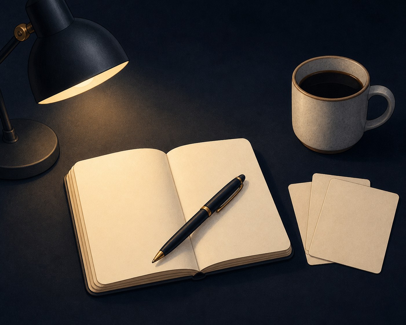 Dark professional illustration of an open notebook with three small blank note cards beside a phone showing an unfinished draft, connected by a thin glowing arrow moving left to right.