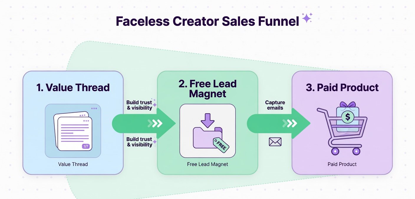 Diagram of the faceless sales funnel from Threads posts to free lead magnet to paid digital products