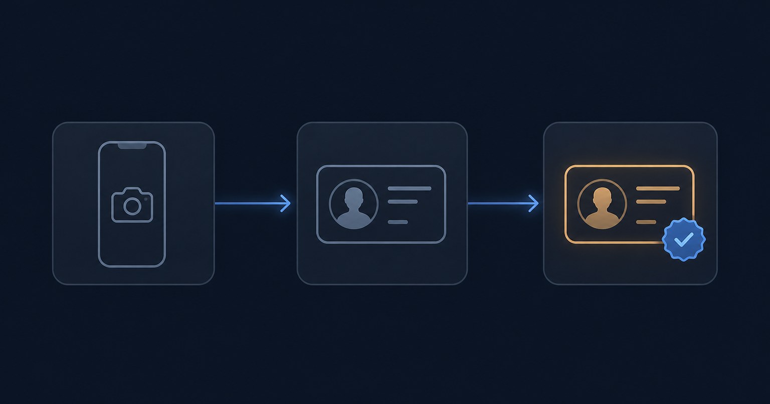 A three-step path drawn as connected cards: subscribe on Instagram, confirm identity, badge appears on Threads