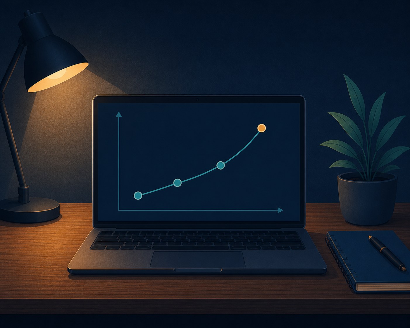 A simple line chart on a laptop screen trending gently upward across four weekly review points