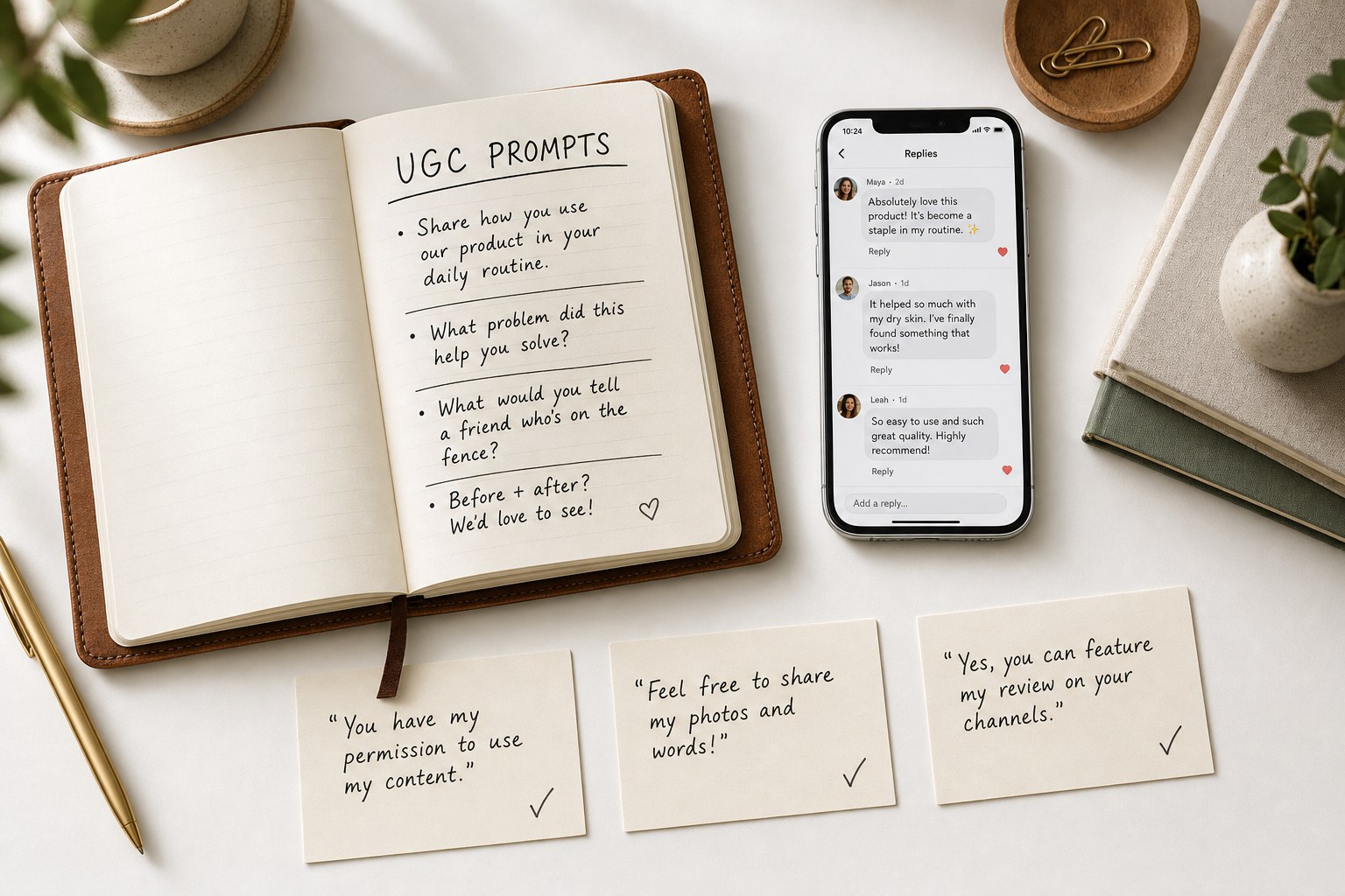 A tidy desk with a notebook opened to a UGC prompt, a phone showing replies, and small labeled cards representing permissioned quotes