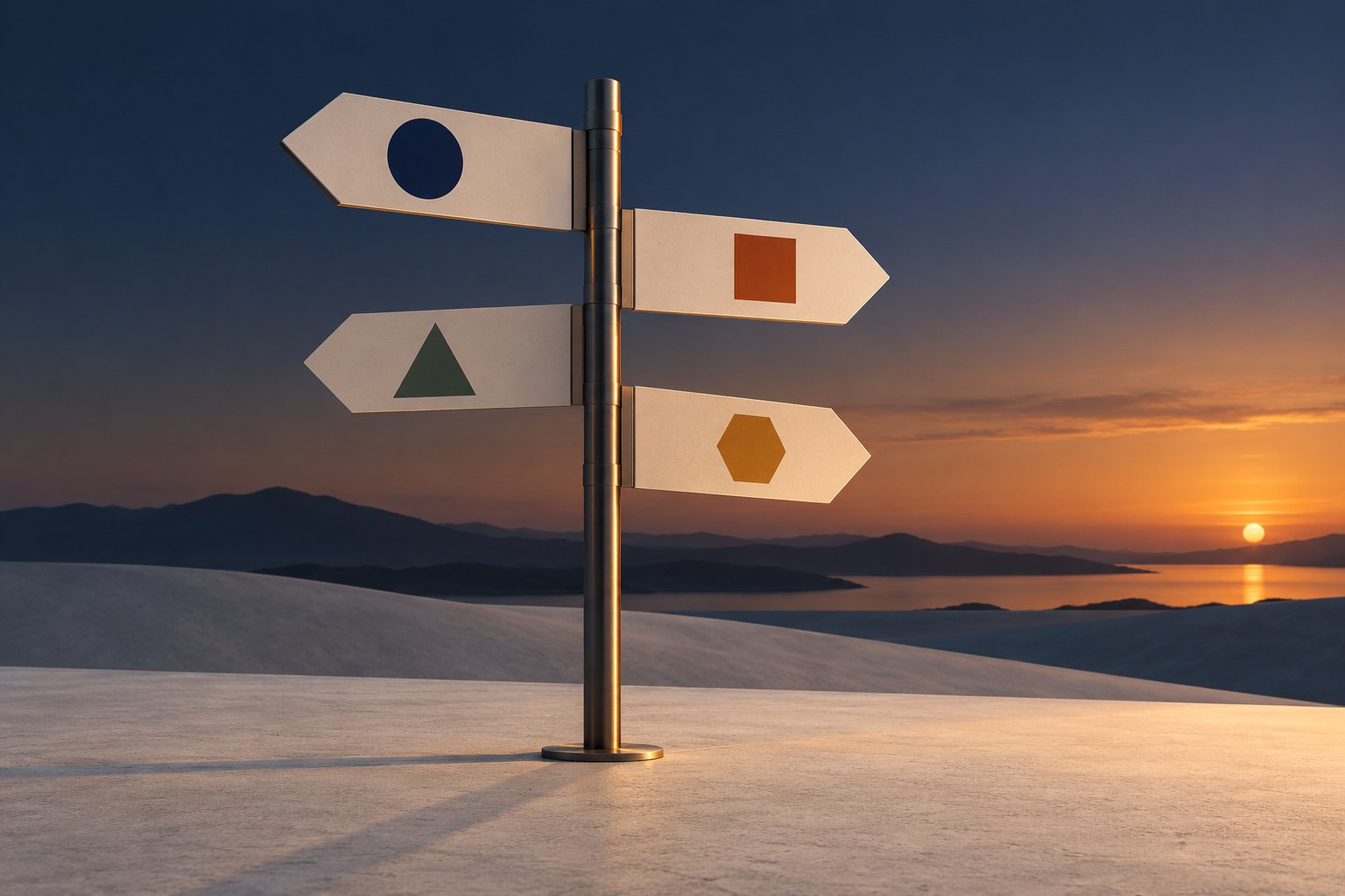 A four-way junction signpost with simple icons for users, channels, bundles, and base plans at each path