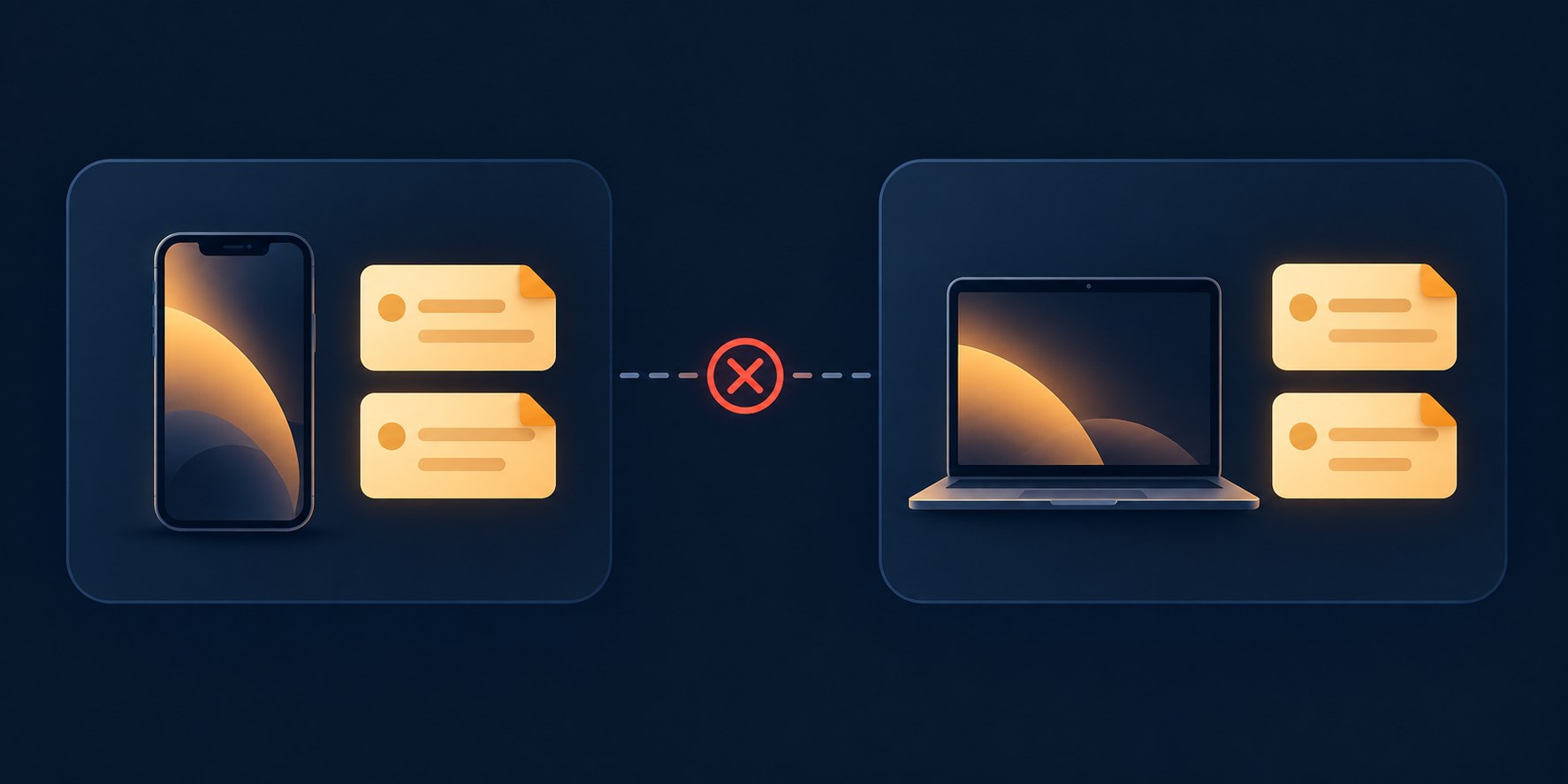 Two side-by-side panels, one showing a phone and one showing a laptop, each with its own separate stack of draft cards that never cross over