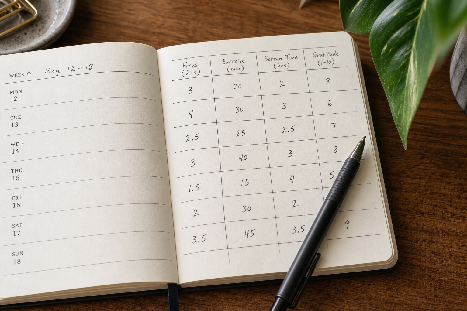 A weekly tracking notebook open to a page with four columns: clicks, signups, opens, and conversions, with honest small numbers filled in
