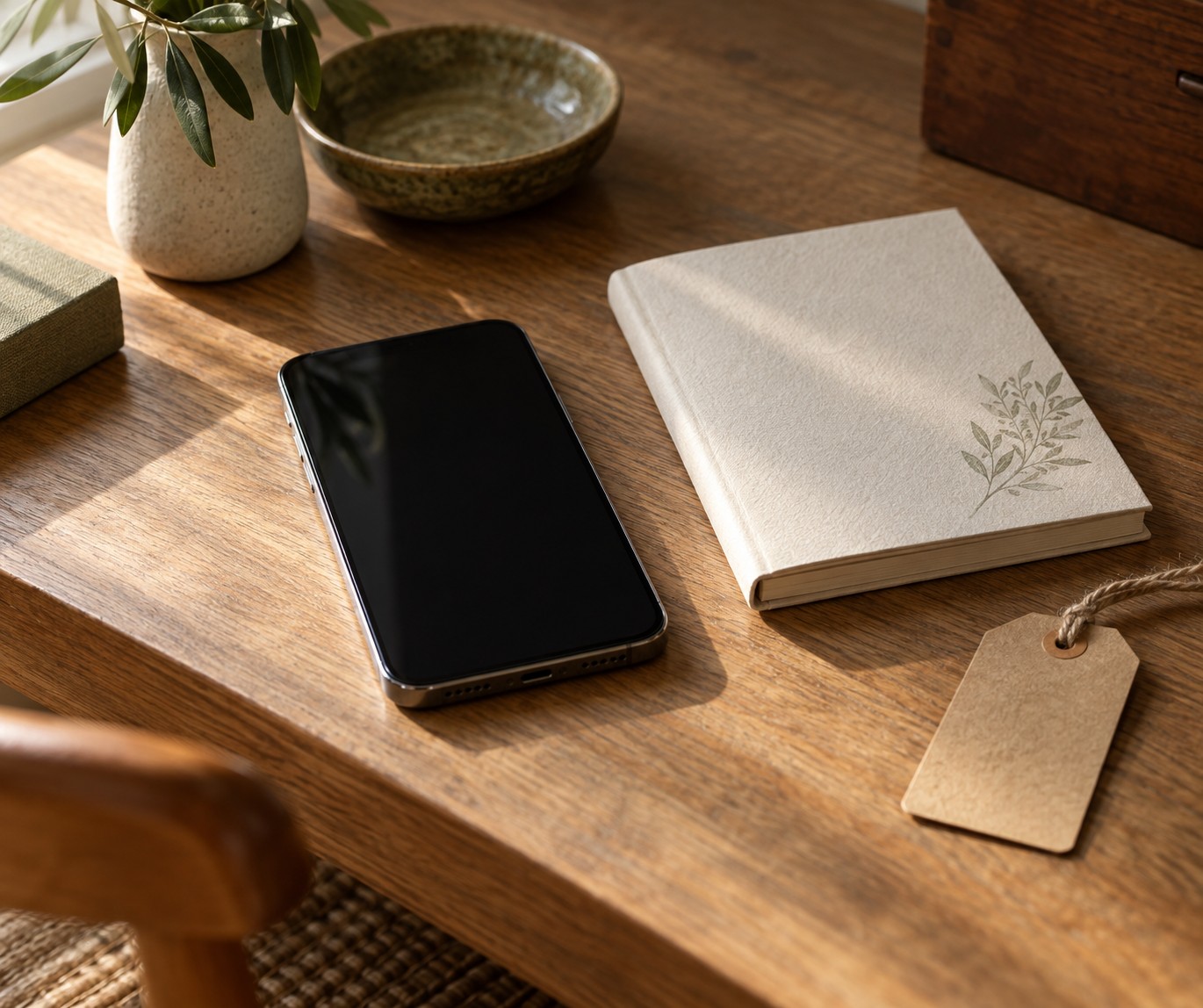 A smartphone face-up on a wooden desk beside a printed booklet and a small price tag, no readable screen text