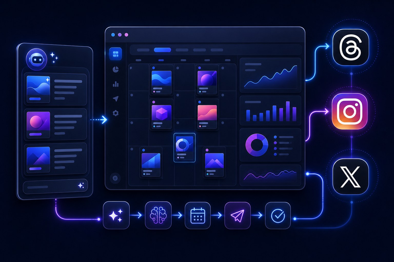 Threads automation workflow dashboard with scheduled posts and analytics