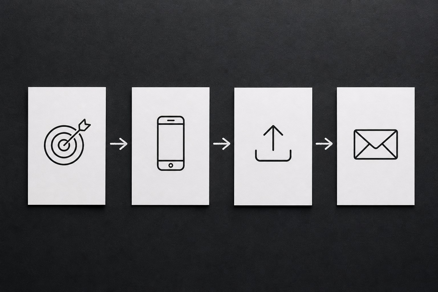 Four plain workflow cards in a row connected by arrows, suggesting niche choice, filming, publishing, and pitching