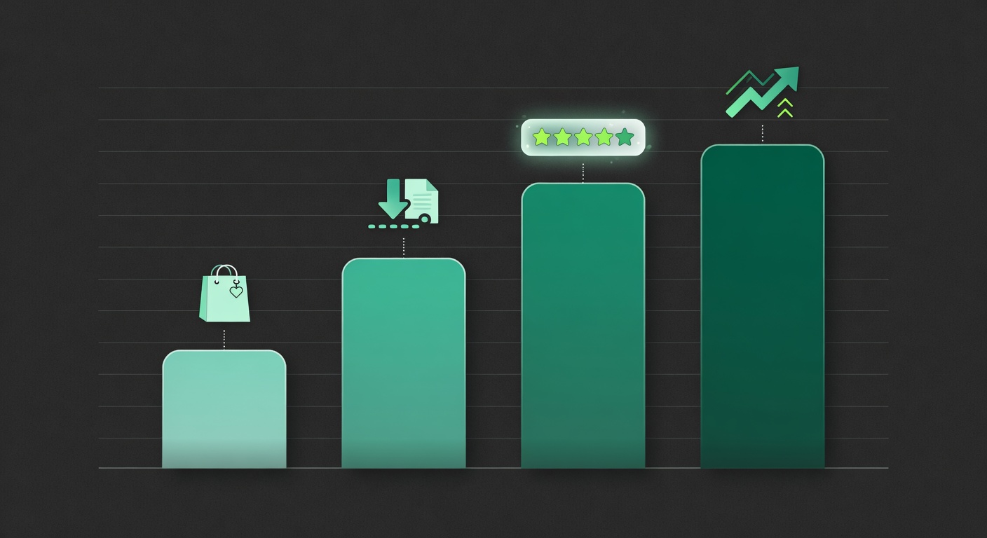 Ascending revenue bars showing Etsy digital product shop profit growth from startup to six figures