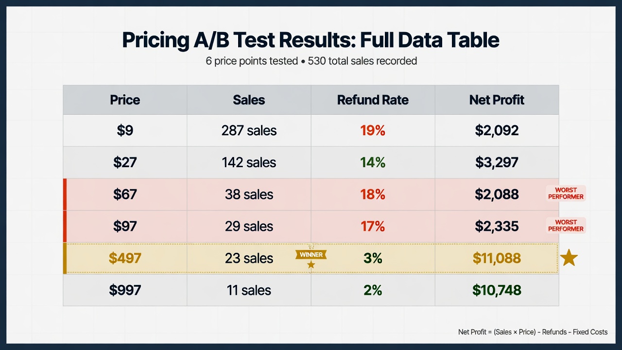 Complete Gumroad pricing A/B test data table with sales, refund rates, and net profit