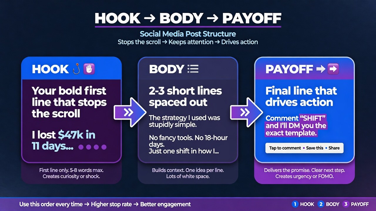 Hook body payoff structure diagram showing three connected formatting blocks for Threads posts