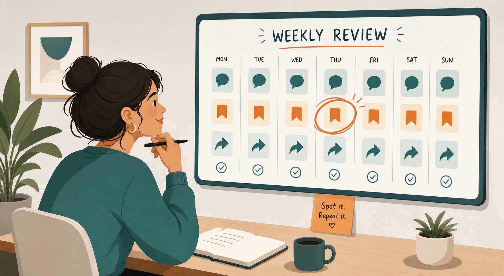 A weekly content review board with icons for replies, saves, and shares showing the Learn stage outcome