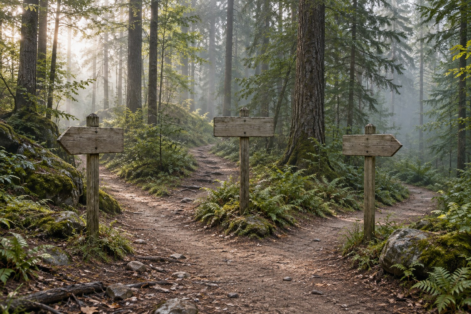 A hiking trail forking into three paths in soft forest light, three blank wooden signposts with no readable text