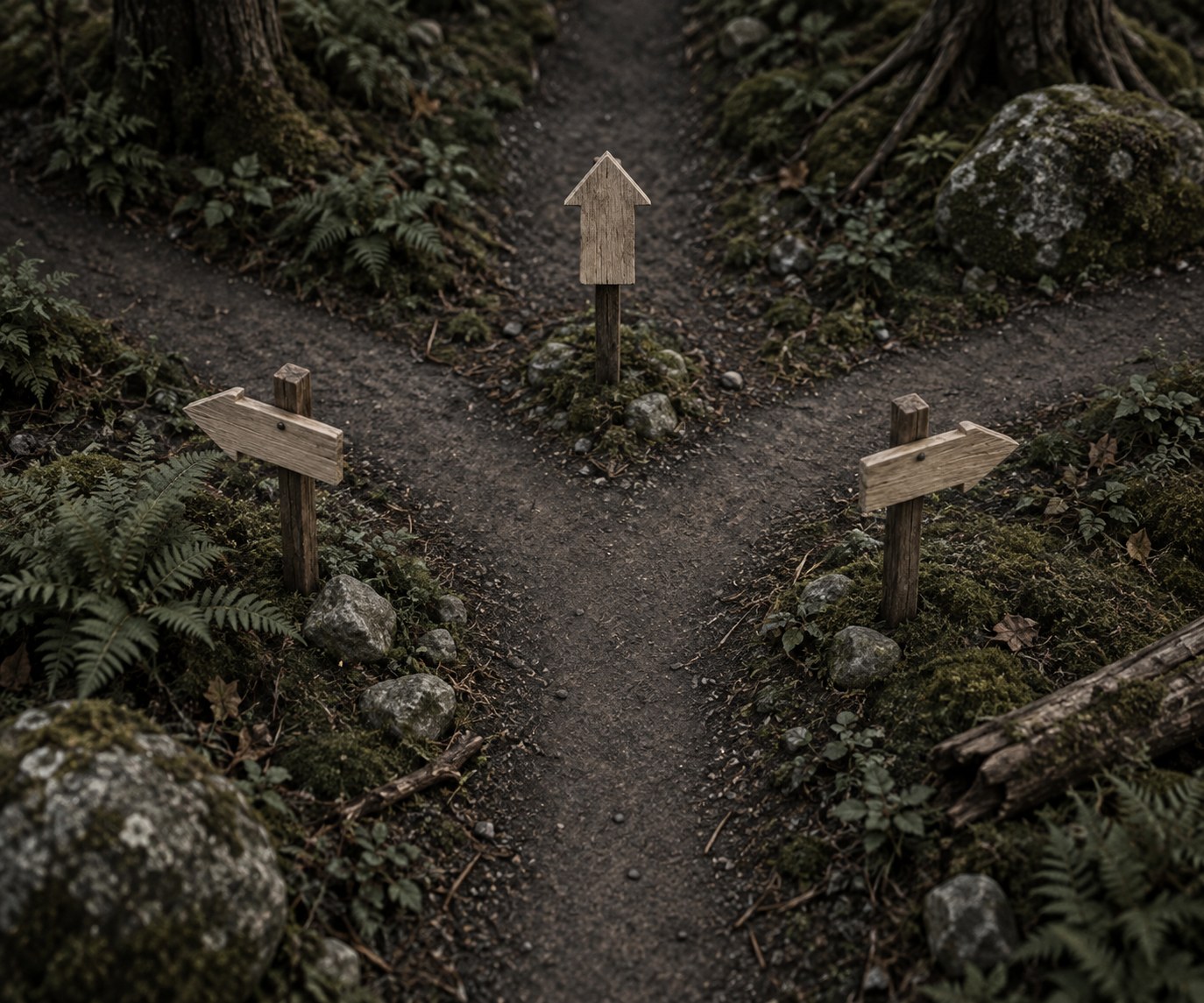 Three unlettered wooden signposts on a dark path, pointing in different directions, no readable text