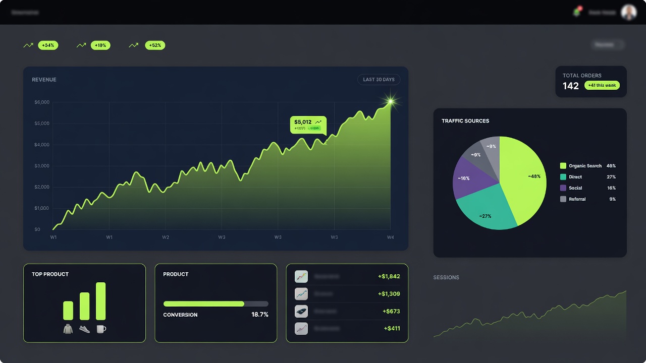 Revenue dashboard showing growth from zero to five thousand dollars per month selling digital products