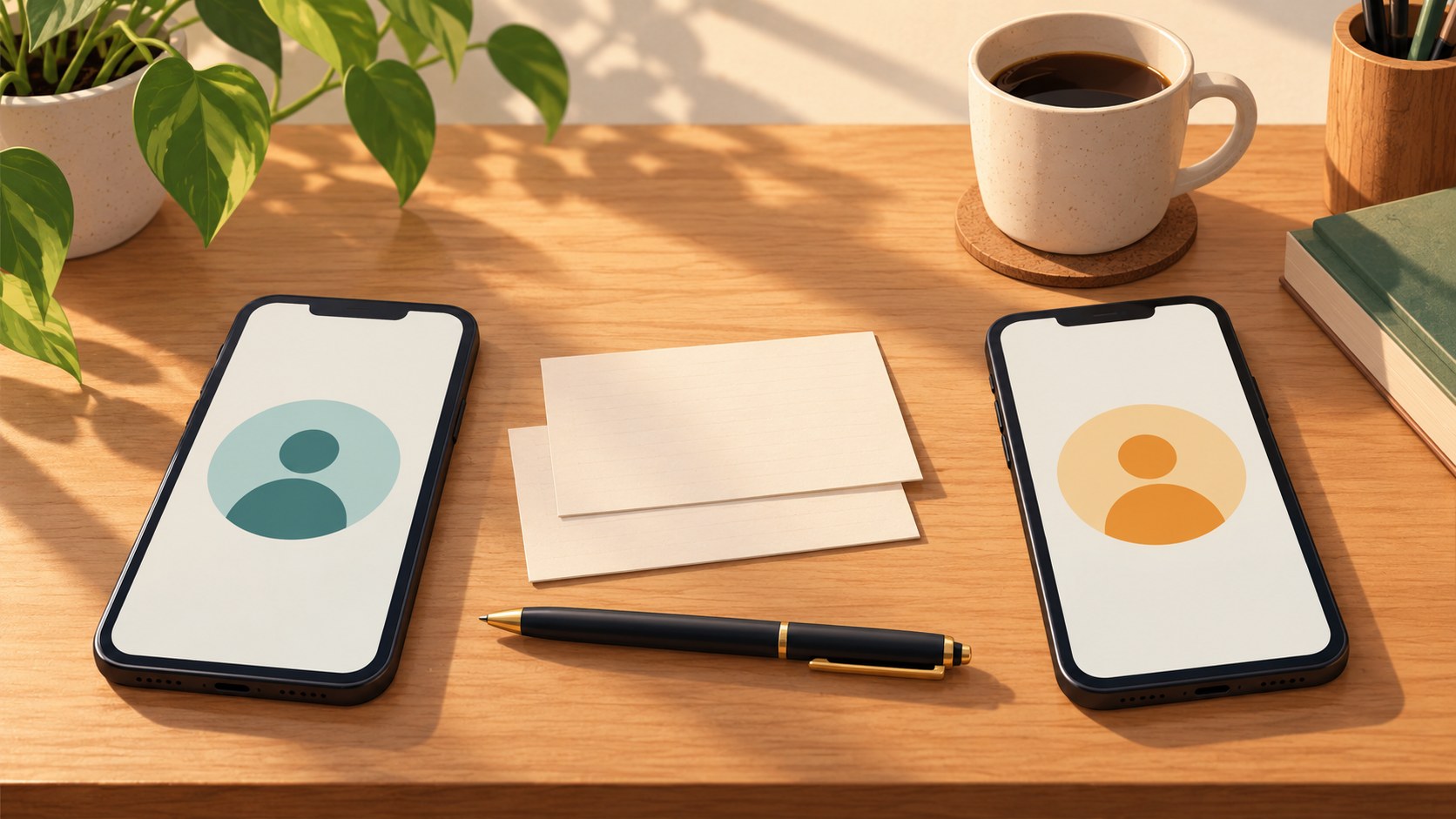 A tidy desk with two phones, each showing a different Threads profile, and a small weekly plan card between them