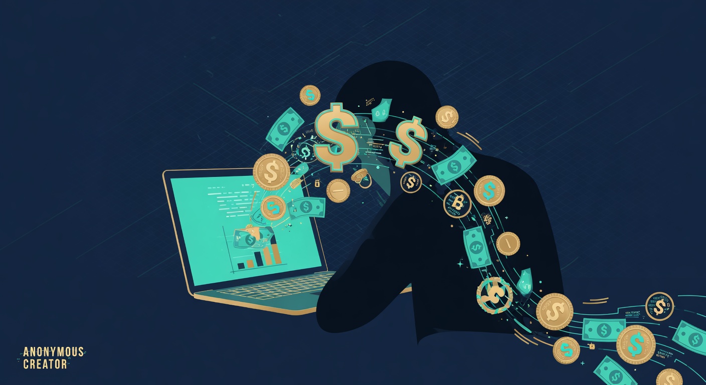 Anonymous silhouette behind a laptop earning money online, faceless creator concept