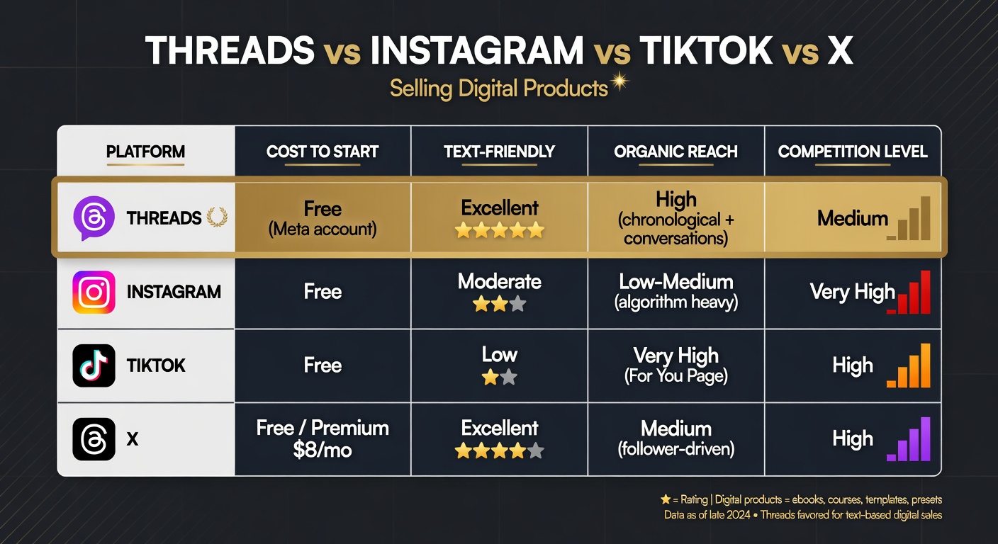 Comparison table of Threads versus Instagram TikTok and X for selling digital products