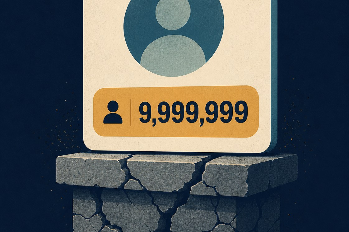 Editorial illustration of a social media profile card with an inflated follower counter floating above a cracked foundation, on a deep navy background