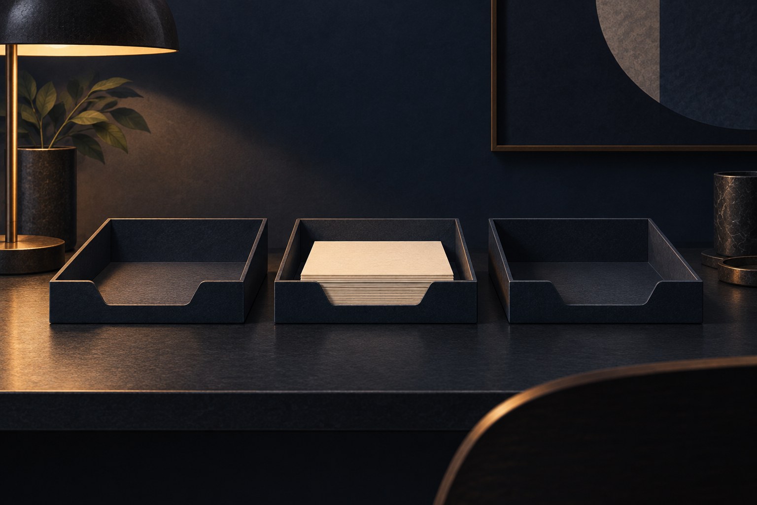 Three small paper trays in a row on a dark desk, middle tray holding a short stack of cards, tactile paper workflow illustration
