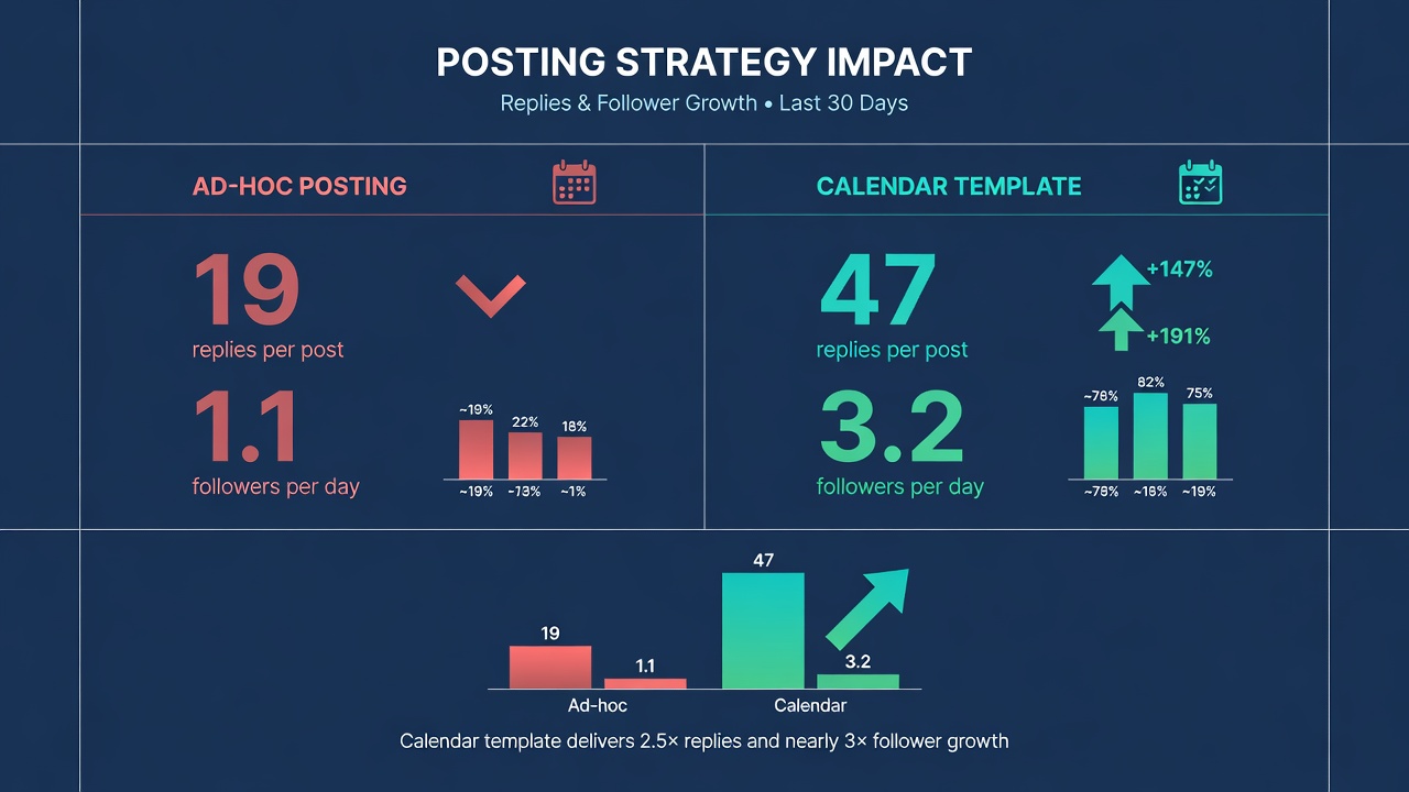 A/B test results comparing ad-hoc Threads posting versus using a weekly content calendar template