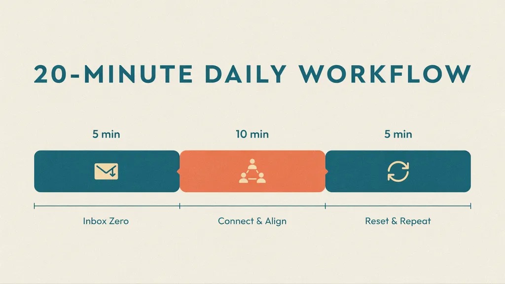 A horizontal timeline showing a 20-minute daily reply workflow split into 5 minutes inbound, 10 minutes outbound, and 5 minutes maintenance