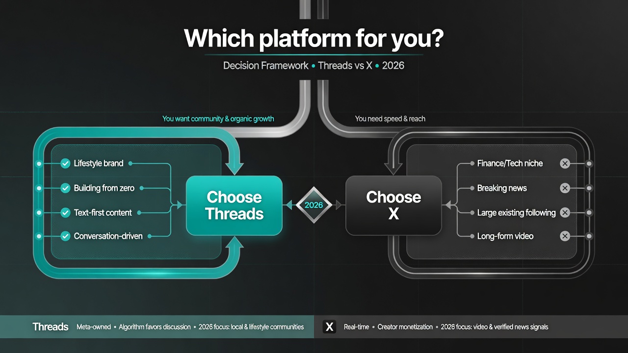 Decision framework flowchart for choosing Threads or X in 2026