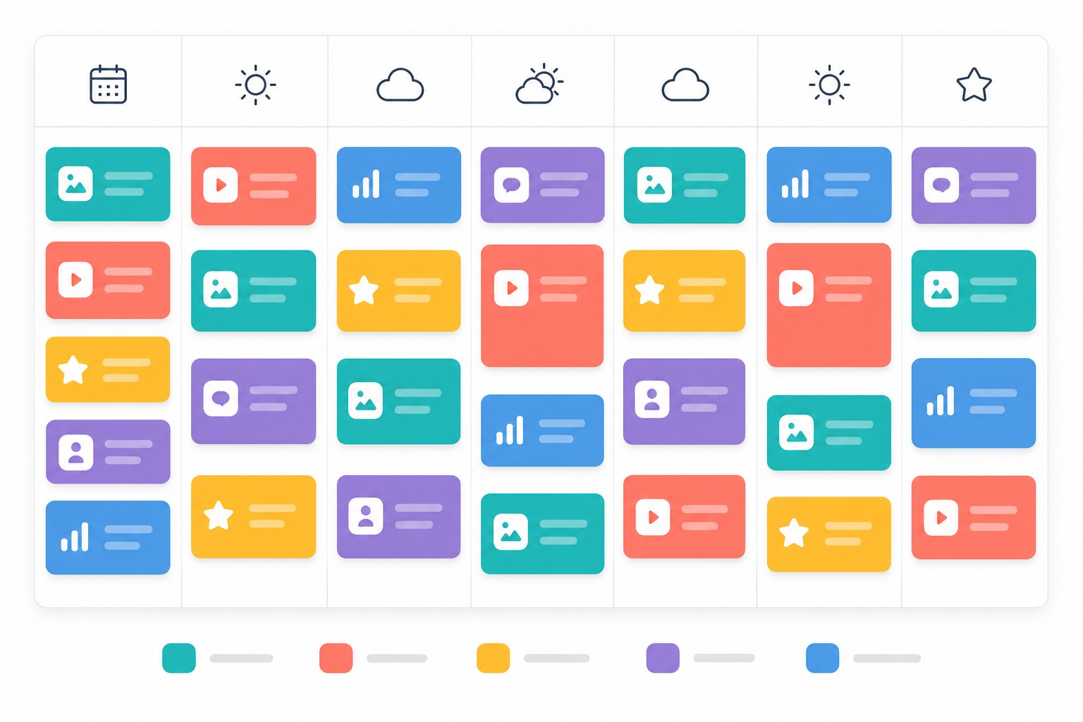 Weekly content calendar grid showing pillars mapped to days of the week