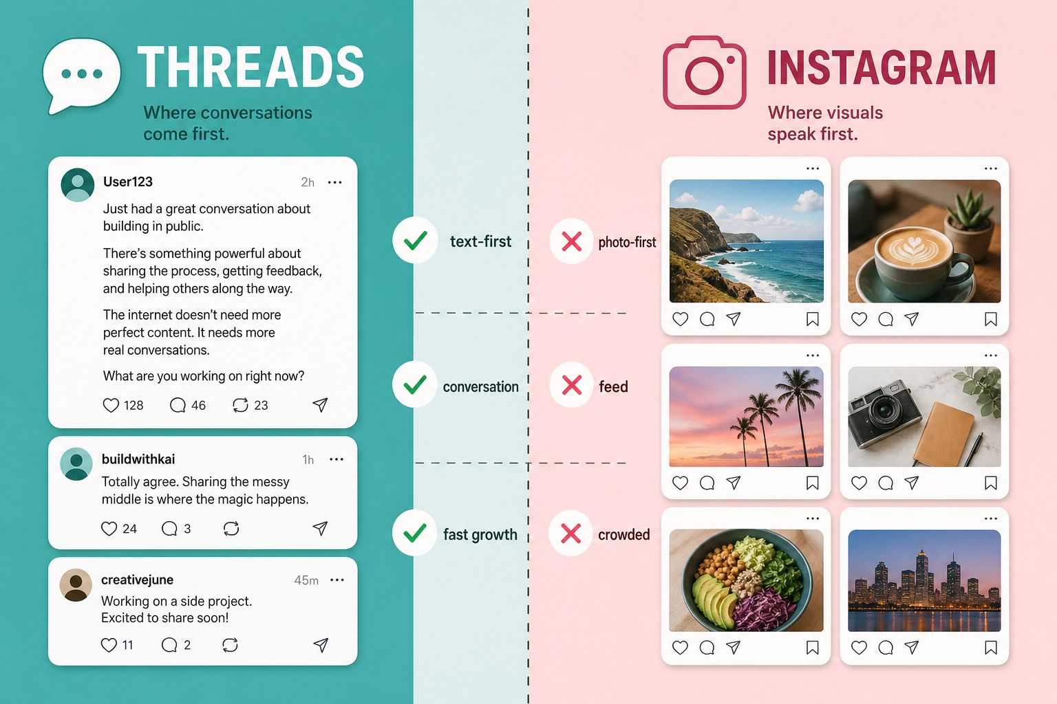 Comparison table of Threads versus Instagram for business marketing strategy