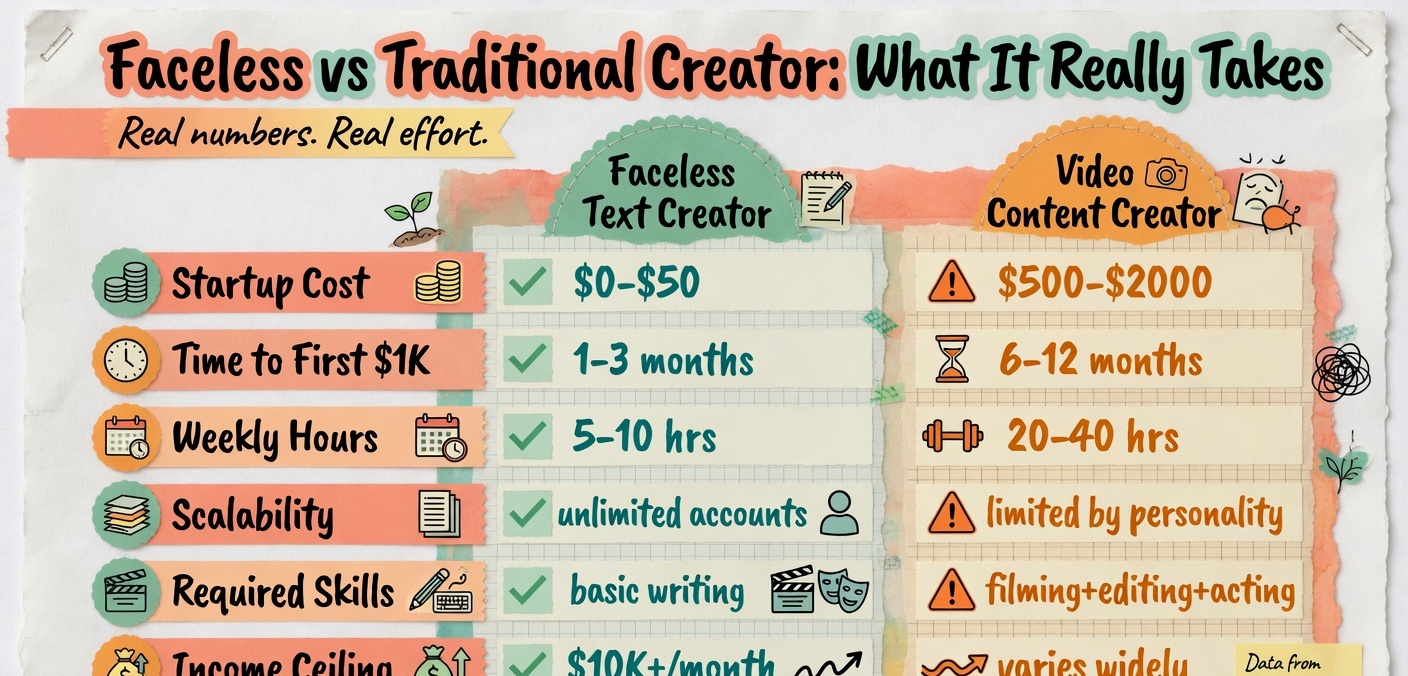 Comparison data table of faceless text creator versus video content creator startup costs, time, and scalability