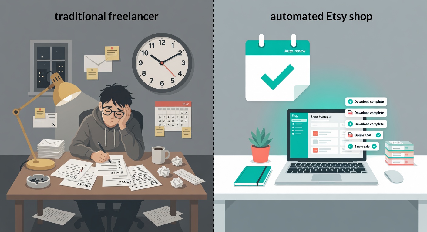 Side-by-side comparison of traditional freelancing versus a faceless Etsy digital product business model