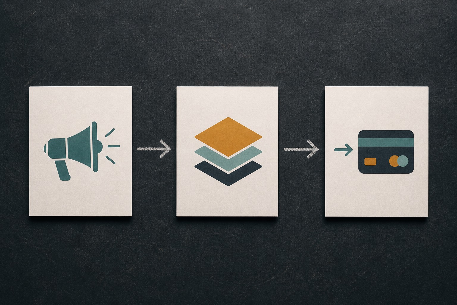 Three connected stages drawn as simple boxes on a desk surface: discovery post, depth content, and offer page, with an arrow leading to a checkout card