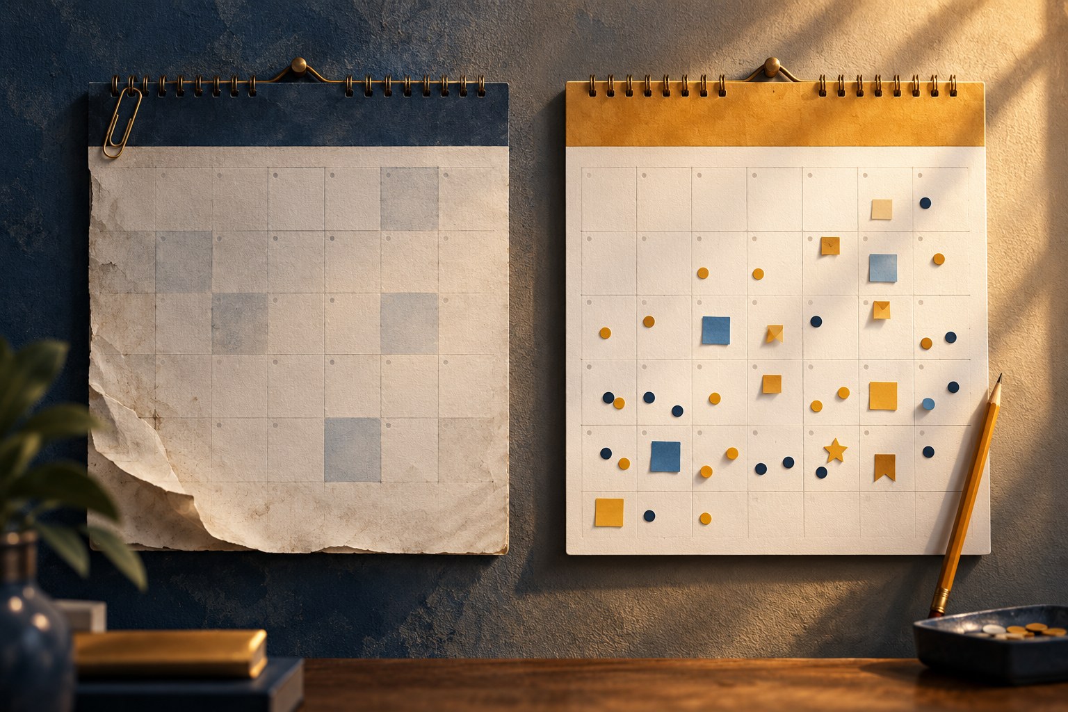 Two overlapping content calendars side by side, the old one fading and the new one filling in week by week