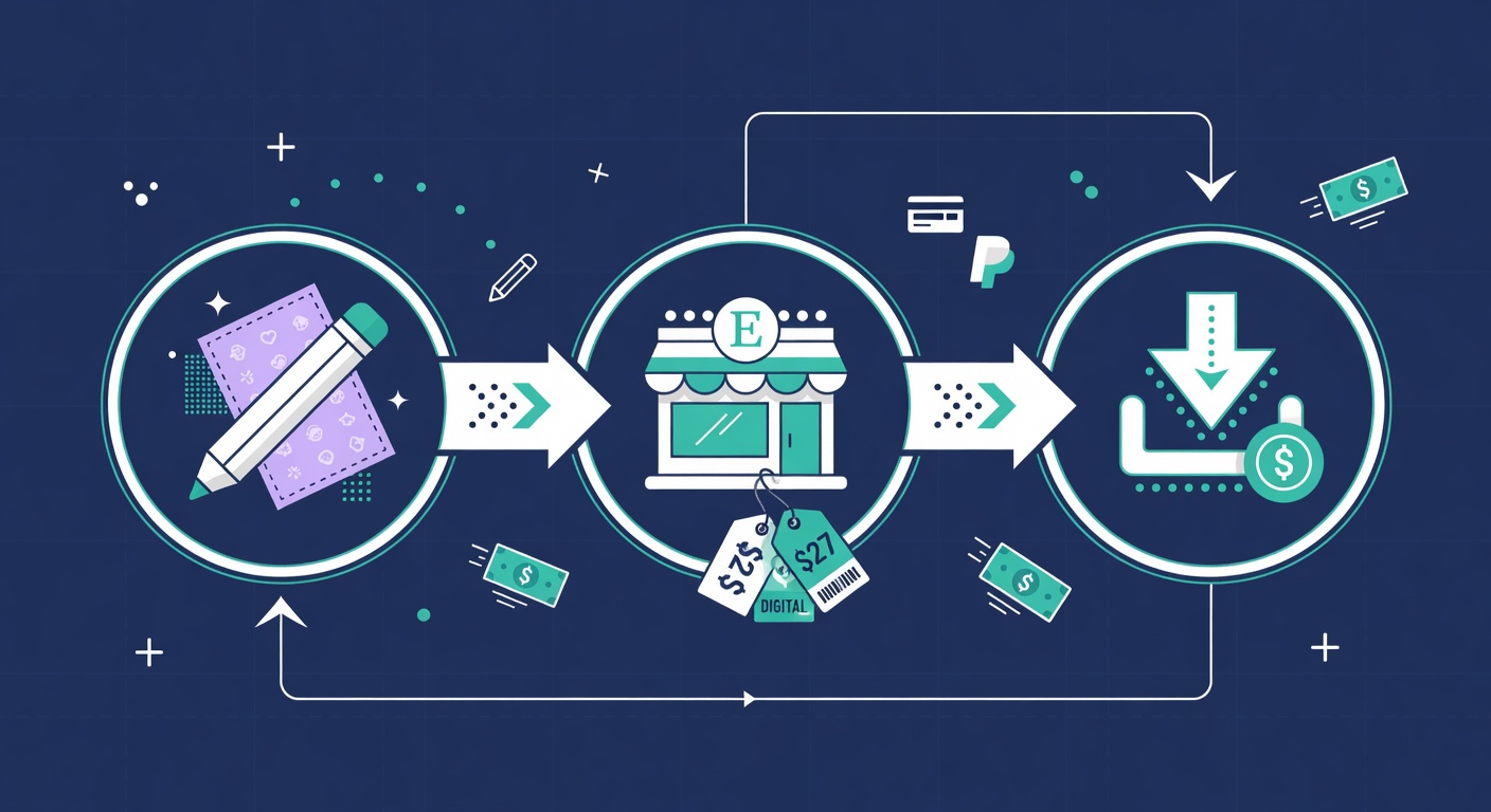 Three-step workflow diagram showing the create, list, and sell process for Etsy digital products