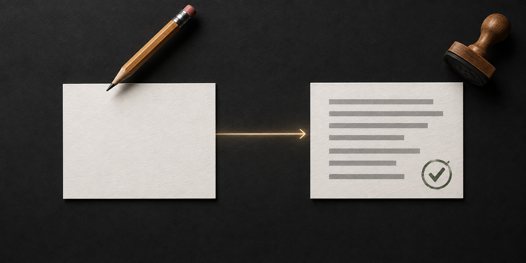A simple two-column paper workflow showing blank page on the left transitioning to a finished short post card on the right