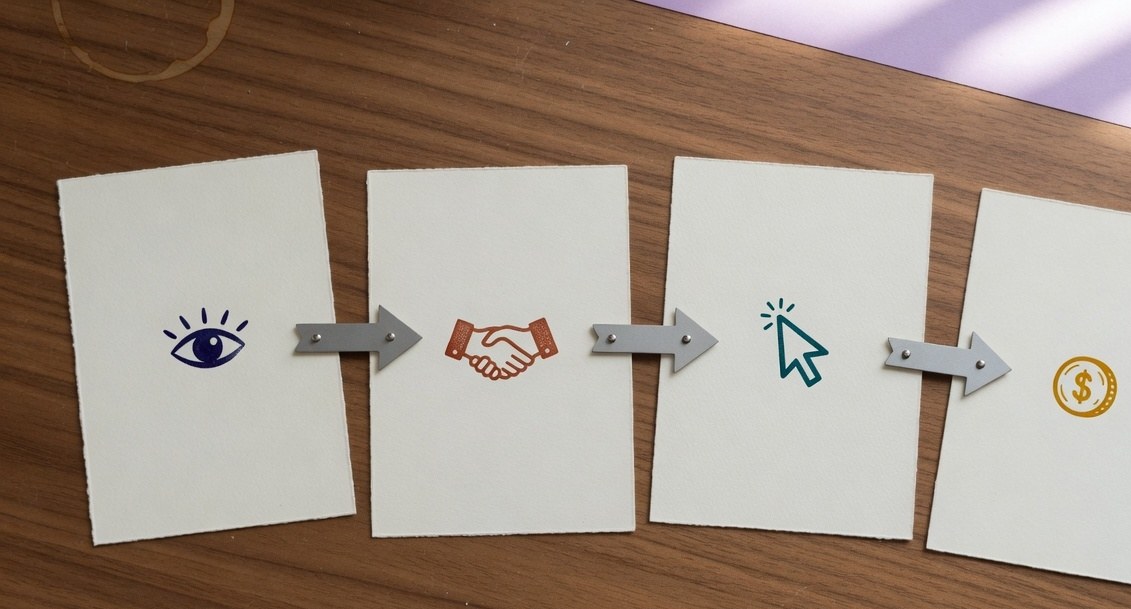 Four-step funnel cards labeled attention, trust, click, and commission on a clean desk
