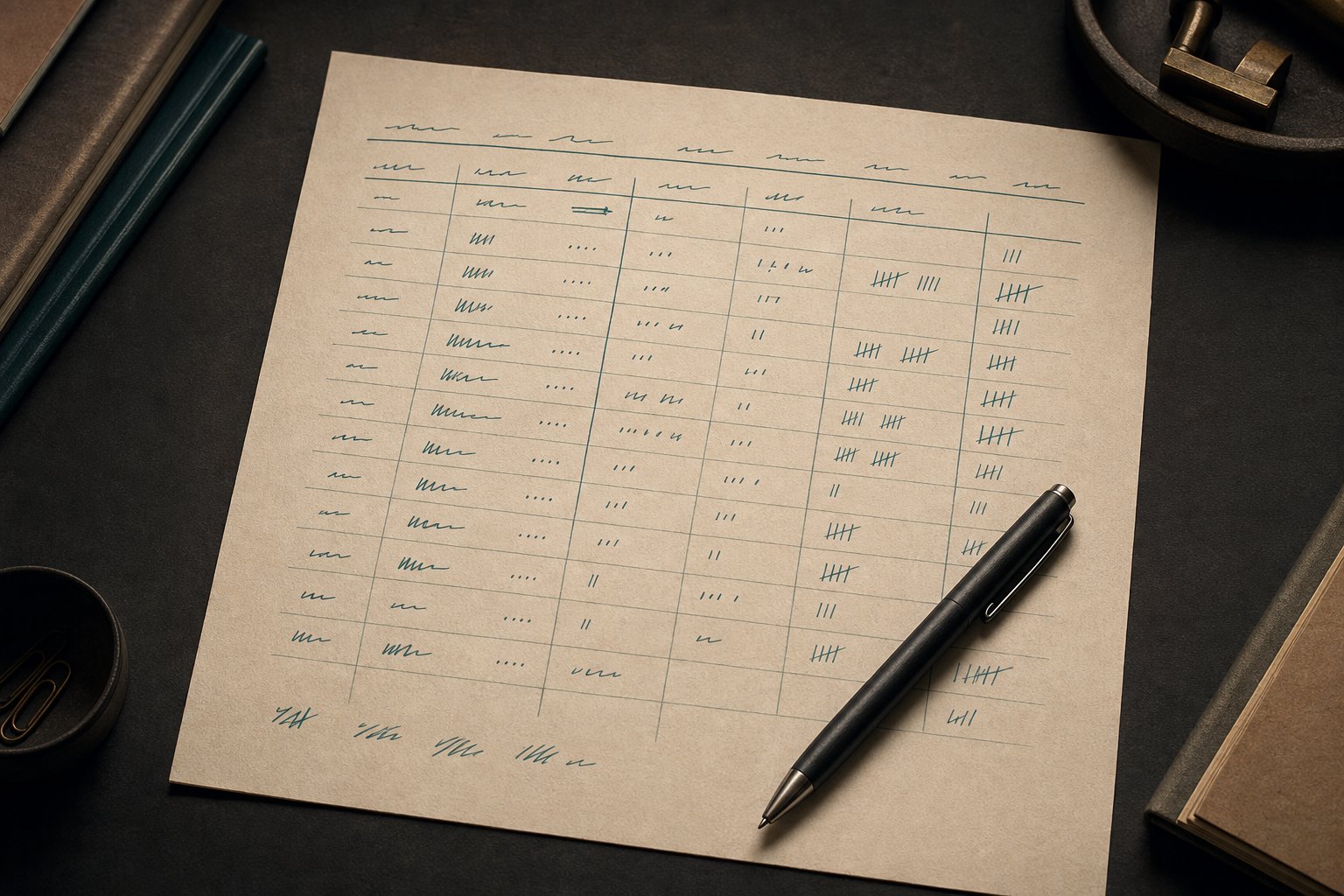 A handwritten-style results log on a desk showing post timestamps paired with reply and repost counts, representing the output of a posting-time test.