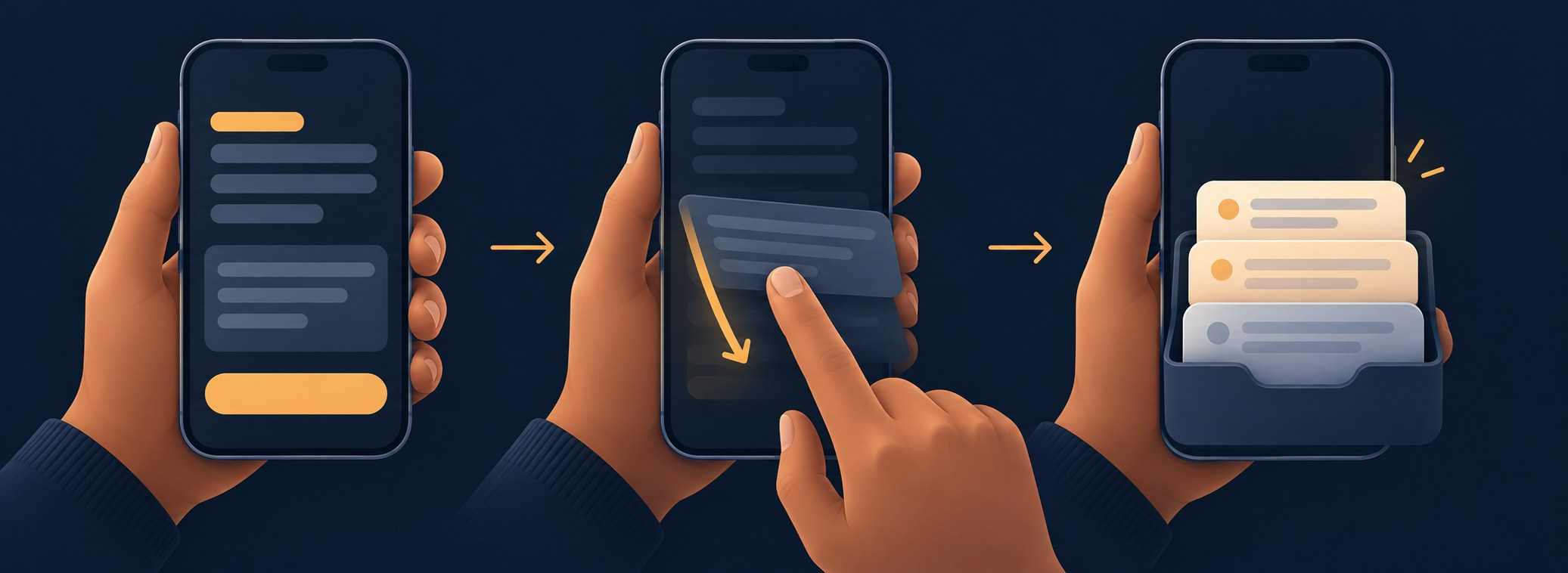 Three-step mobile flow showing a post being written, then saved with a downward swipe, then reopened from a small tray of saved drafts