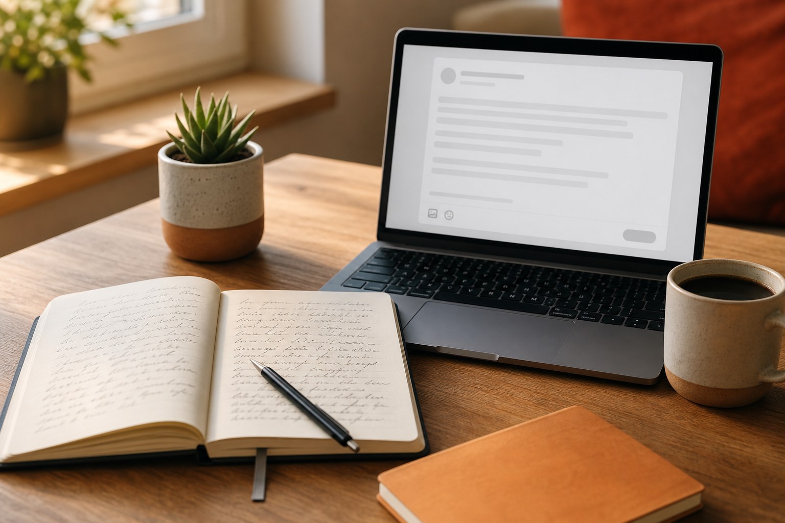 A creator's desk with a notebook, a laptop showing a Threads post, and a small potted plant, suggesting honest content work