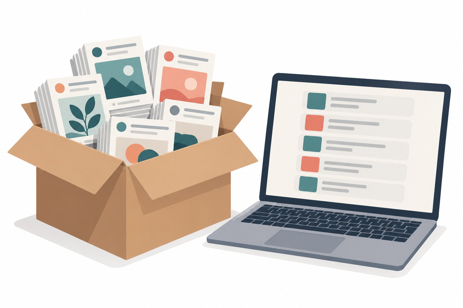 Moving box packed with printed post cards next to a laptop showing a scheduling queue