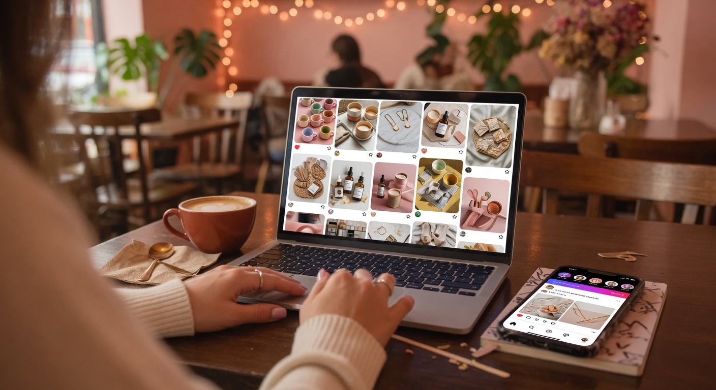 Hands working on a laptop showing Pinterest boards and Threads app for driving traffic to an Etsy shop