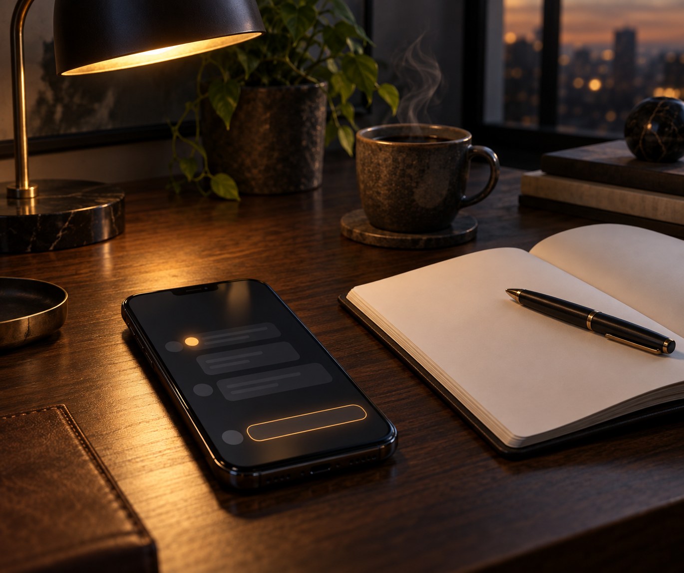 A phone on a wooden desk showing a single sharp comment notification beside a paused cursor, an open notebook, and a cup of coffee