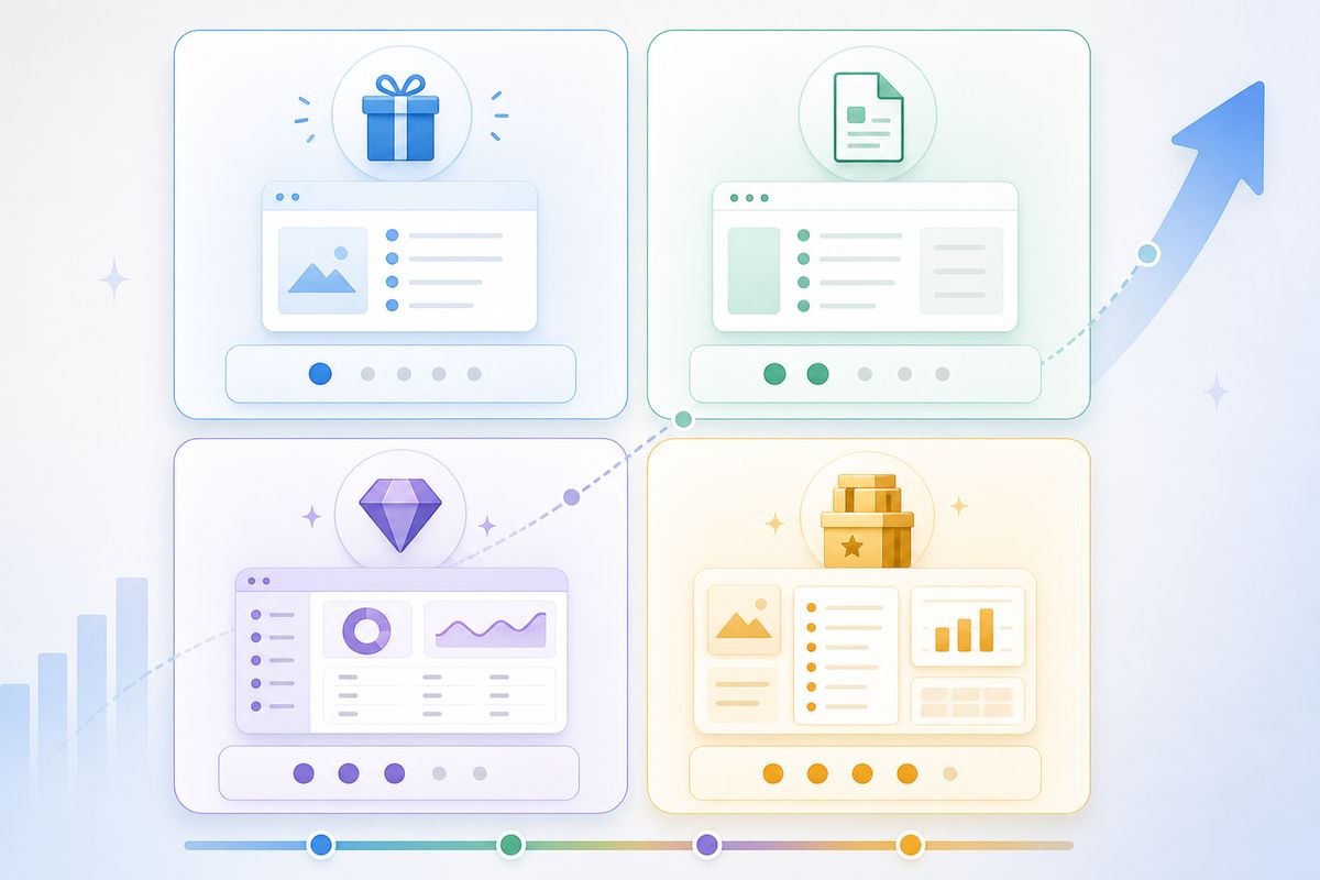 Framework showing four pricing tiers for Notion template digital products from free to premium bundles
